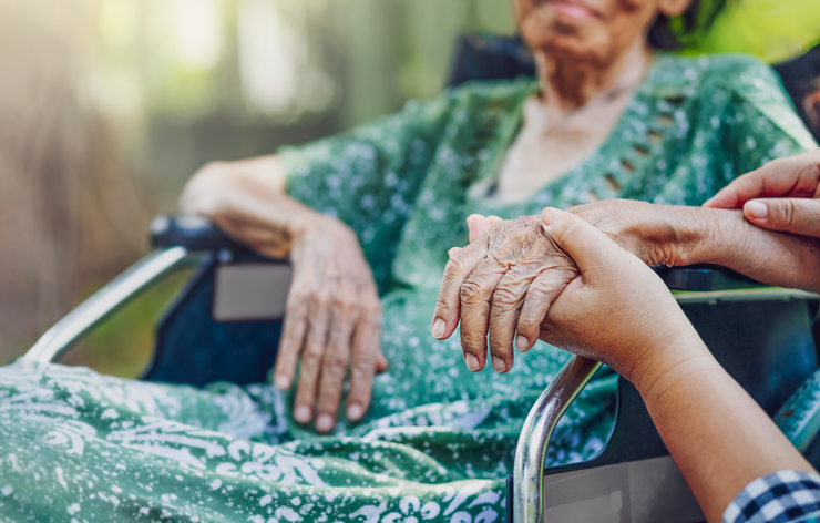 old lady in wheelchair holding hand